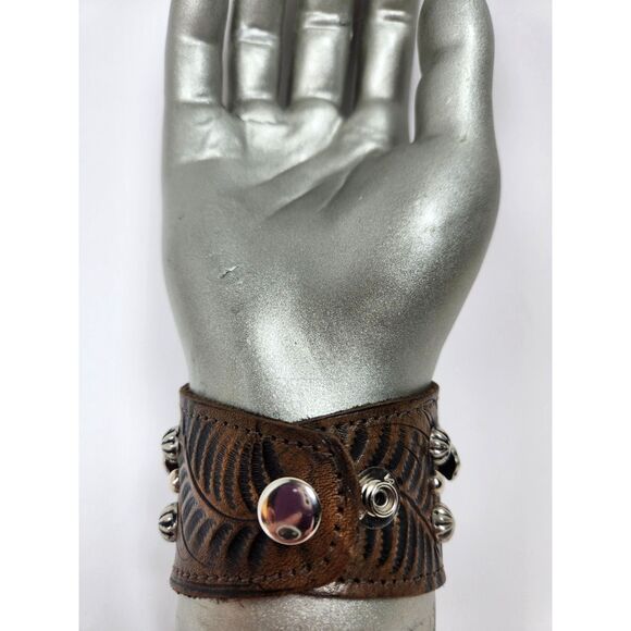 American West Tooled Leather Cross Cuff Bracelet Brown Silver Studded Boho - Picture 5 of 7